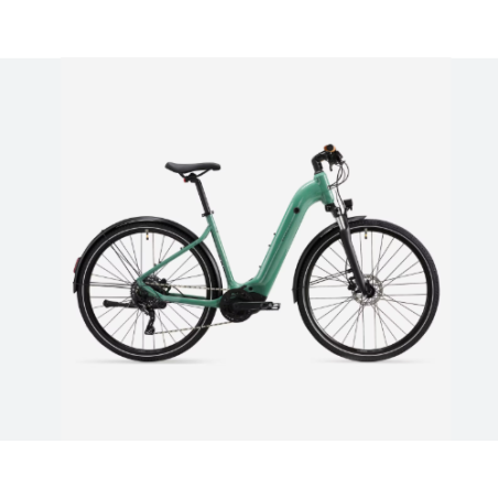 Photo d'un véli électrique urbain bleur, design moderne, batterie intégrée au cadre